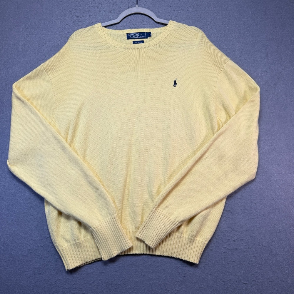 Polo Ralph Lauren Mens XL Yellow Cotton Crewneck Sweater Navy Pony Logo